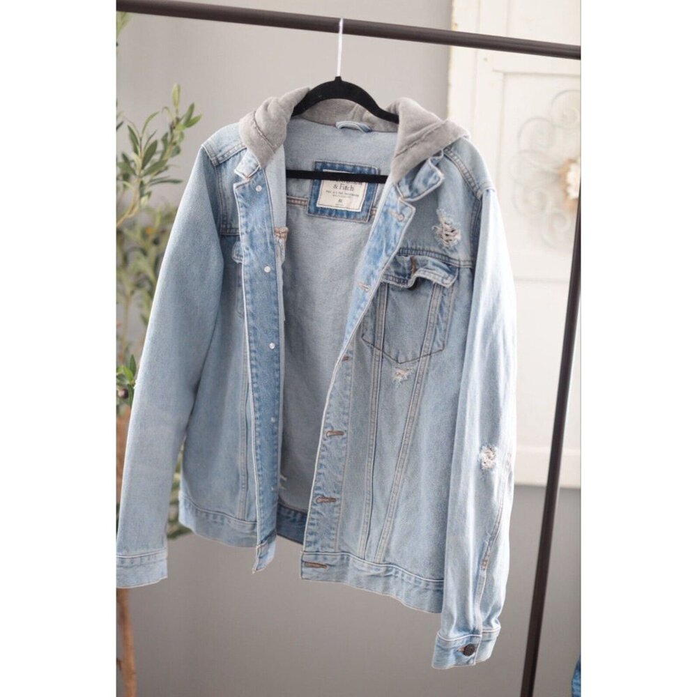 Abercrombie & Fitch Light Blue Denim Bomber-Style Jacket with Grey Hood
